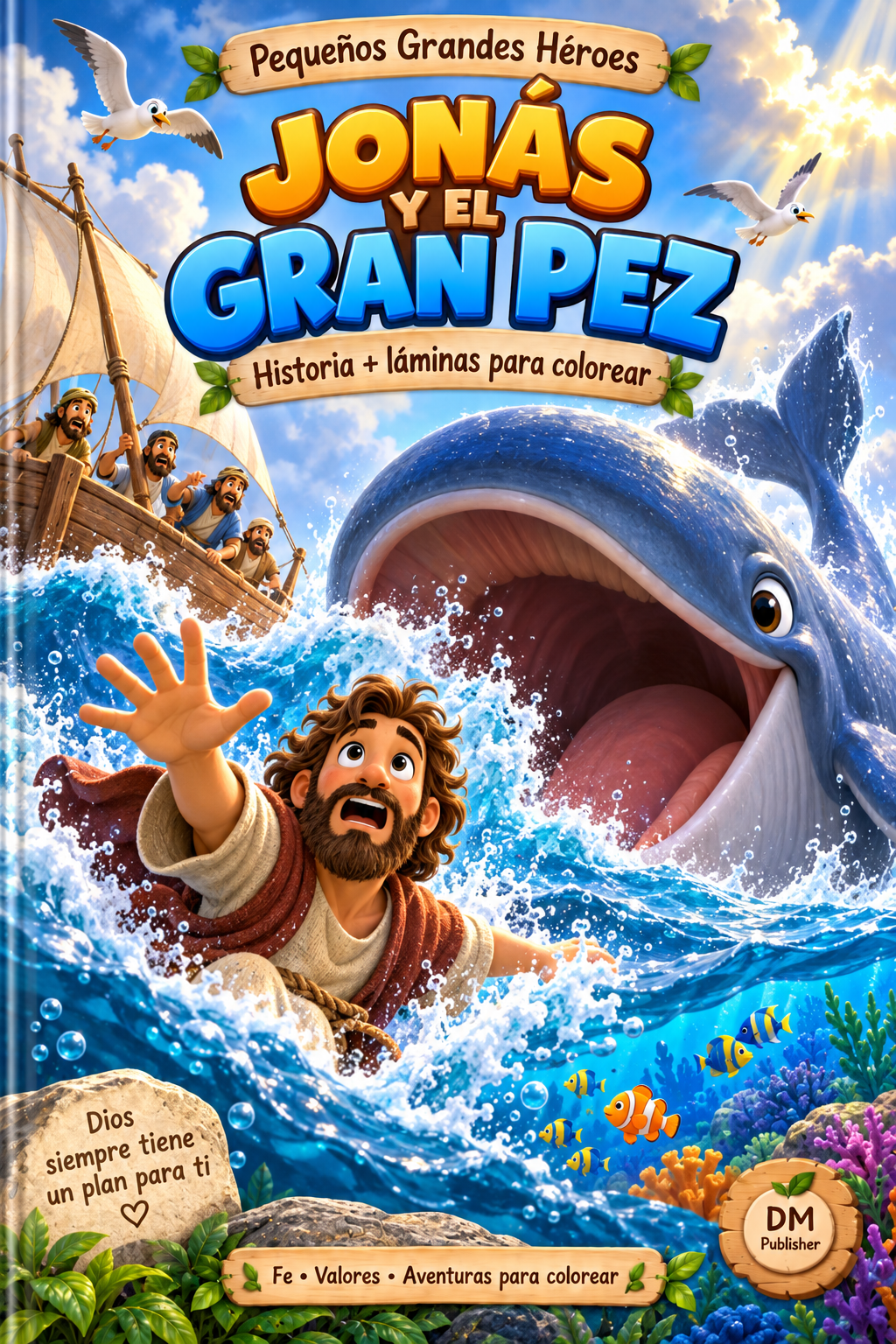 Jonás y el gran pez — Pequeños Grandes Héroes, historia y láminas para colorear.